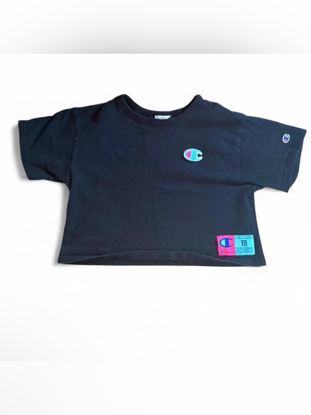 🤩 Champion Reverse Weave Boxy Crop T Shirt Black Heritage Patch Small
